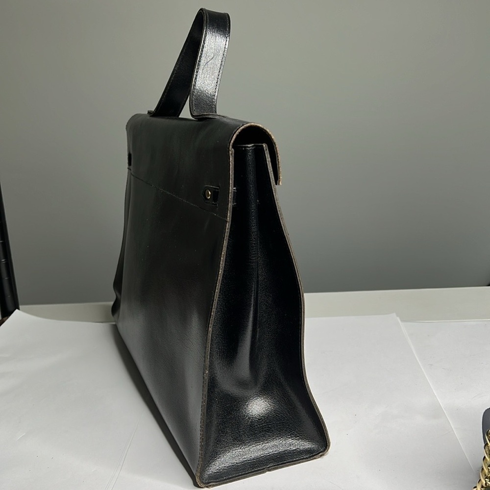 Vintage Large Black Leather Sellier Style Handbag Made in France - Picture 7 of 14